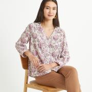 Blusa con cuello de pico y estampado de flores, mangas 3/4